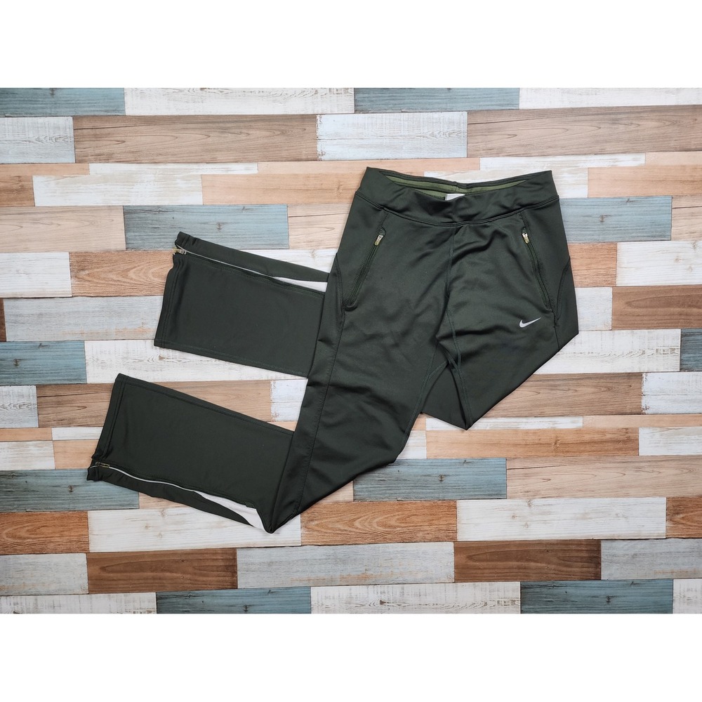 Nike FIT DRY Womens‎ XS Olive Green Running Training Pants Zippered Ankle Mesh